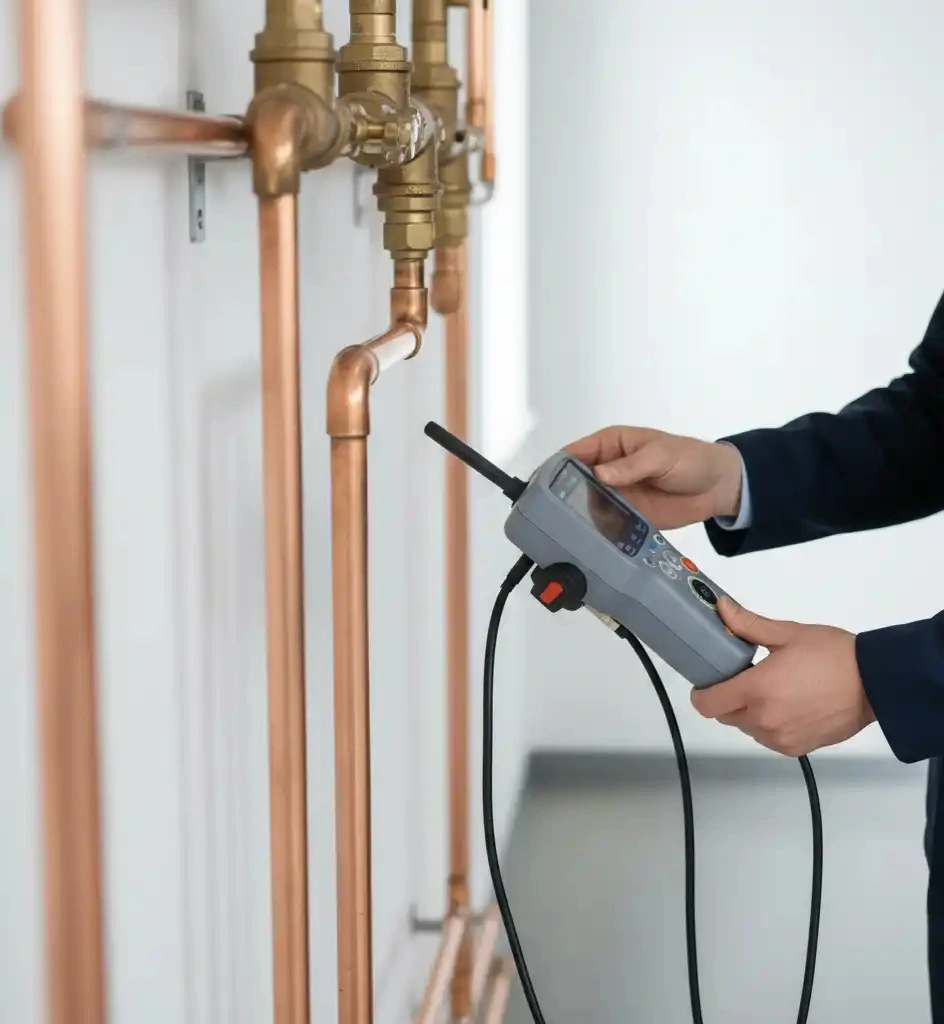 Técnico de Certgas realizando diagnóstico de fuga de gas con instrumento digital previo a sellado interno con Prodoral R6-1 en red domiciliaria