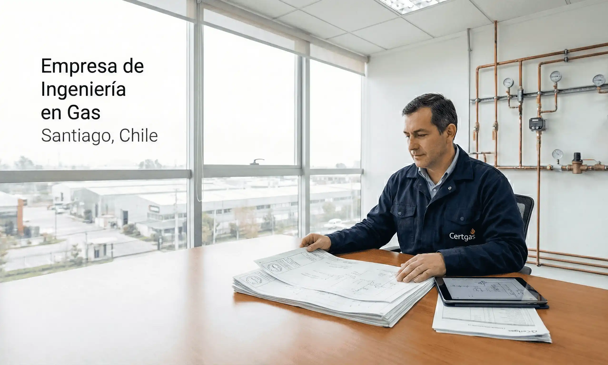Ingeniero de Certgas revisando planos de red de gas y documentación técnica para certificación TC6 en oficina de ingeniería en Santiago, Chile