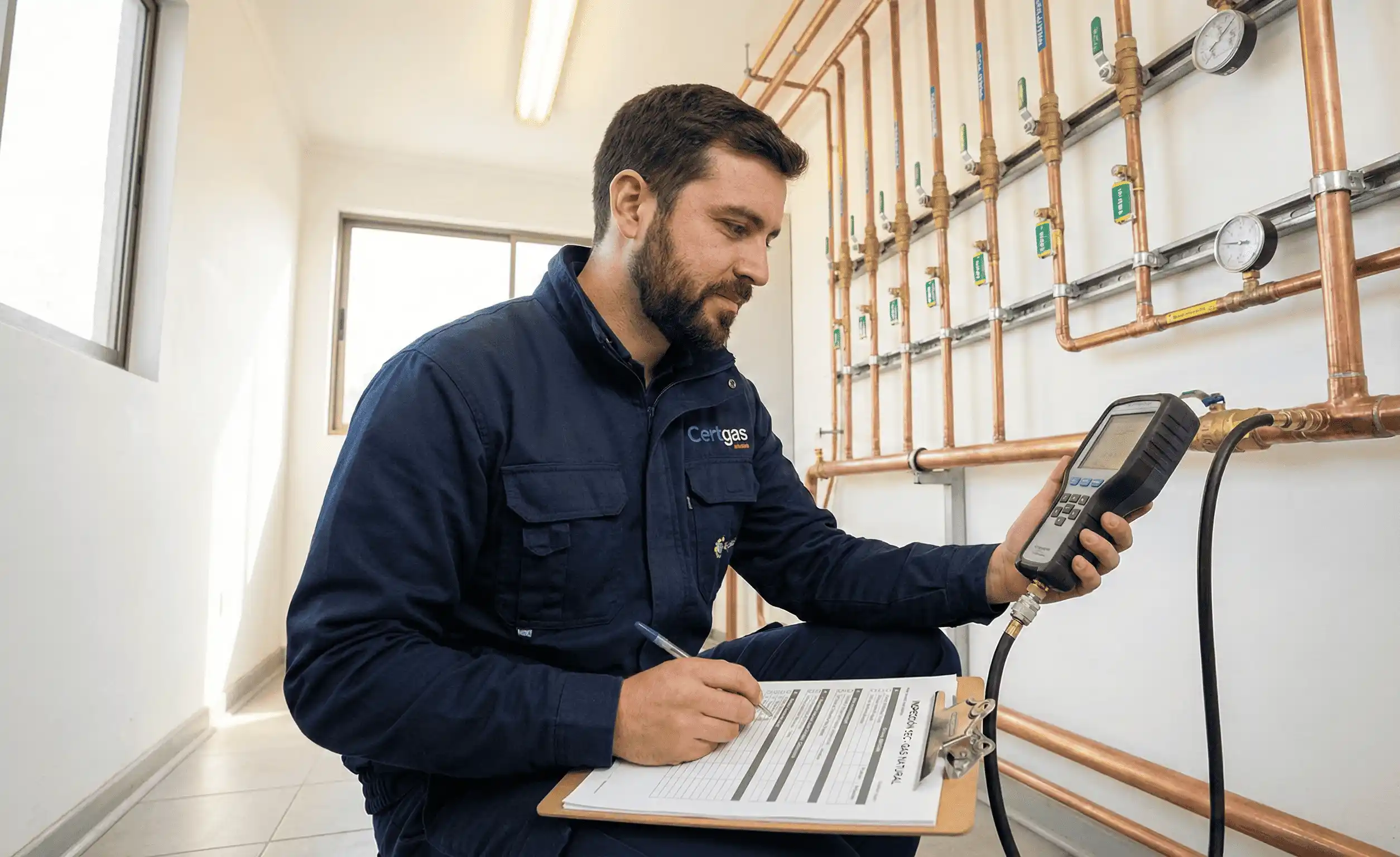 Ingeniero de Certgas realizando inspección técnica de red de gas con instrumento digital y checklist para certificación conforme normativa SEC en Chile
