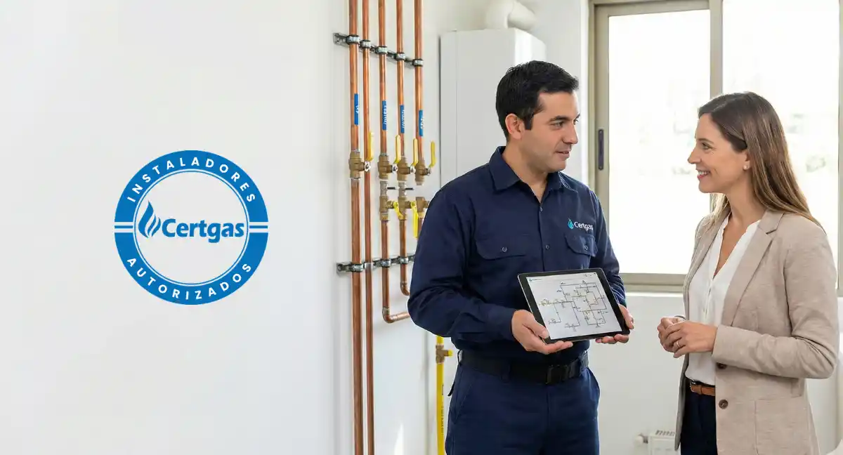 Ingeniero de Certgas explicando plano de red de gas para certificación TC6 junto a instalación de tuberías de cobre certificada SEC en Chile